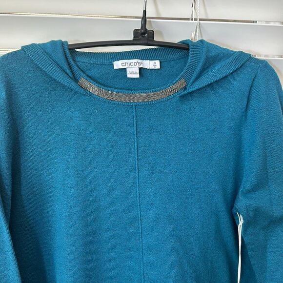 Chico’s Zenergy Cashmere Hooded Sweater teal - Picture 6 of 11